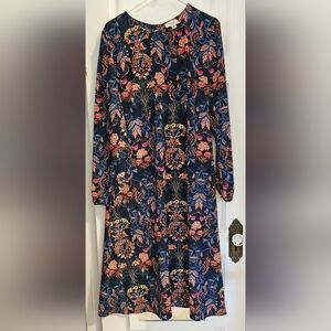 Garden Splendor Navy Blue Floral Print Long Sleeve Midi Dress